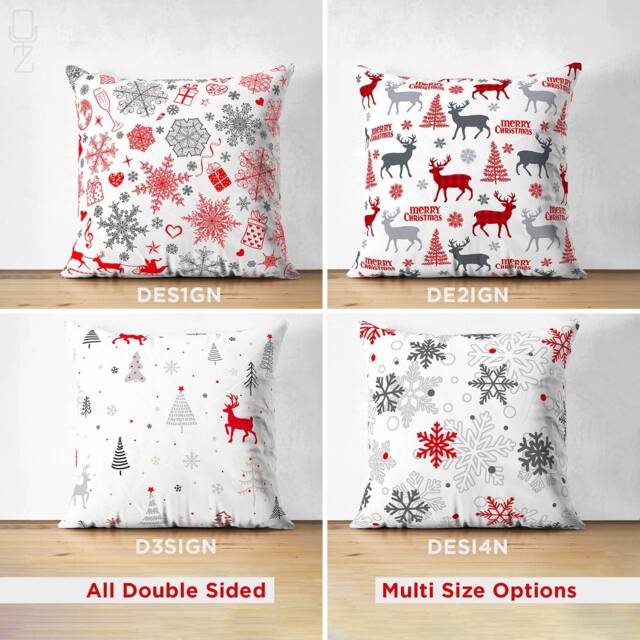 Christmas Suede Throw Pillow Covers With Grey Reindeers, Snow & Trees On White Background - Double Sided Printed Soft Multi-Sizes - image 1