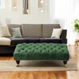 Handmade Plush Velvet Ottoman - Large Footstool Coffee Table, Mahogany Legs