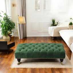 Handmade Plush Velvet Ottoman - Large Footstool Coffee Table, Mahogany Legs - thumbnail 2