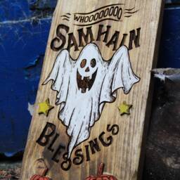 Samhain Blessings Wooden Sign Rustic Halloween Scary Ghosts Handmade Wood Burning Haunted Pagan Illustration Pyrography Home Celtic - thumbnail 3
