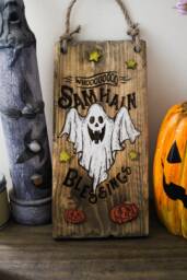 Samhain Blessings Wooden Sign Rustic Halloween Scary Ghosts Handmade Wood Burning Haunted Pagan Illustration Pyrography Home Celtic - thumbnail 1