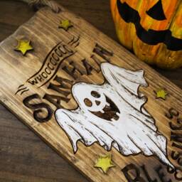 Samhain Blessings Wooden Sign Rustic Halloween Scary Ghosts Handmade Wood Burning Haunted Pagan Illustration Pyrography Home Celtic - thumbnail 2