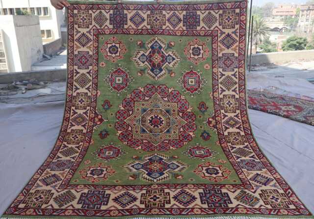 Green Kazak Rug 5x7 Ft High Pile Vintage Rug, Afghan Hand Knotted Wool Area Oriental Turkmen Tribal Geometric Carpet, Bedroom - image 1