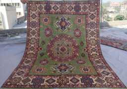 Green Kazak Rug 5x7 Ft High Pile Vintage Rug, Afghan Hand Knotted Wool Area Oriental Turkmen Tribal Geometric Carpet, Bedroom - thumbnail 1