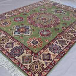 Green Kazak Rug 5x7 Ft High Pile Vintage Rug, Afghan Hand Knotted Wool Area Oriental Turkmen Tribal Geometric Carpet, Bedroom - thumbnail 2