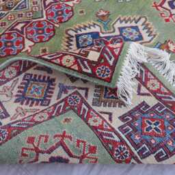 Green Kazak Rug 5x7 Ft High Pile Vintage Rug, Afghan Hand Knotted Wool Area Oriental Turkmen Tribal Geometric Carpet, Bedroom - thumbnail 4