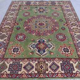 Green Kazak Rug 5x7 Ft High Pile Vintage Rug, Afghan Hand Knotted Wool Area Oriental Turkmen Tribal Geometric Carpet, Bedroom - thumbnail 3