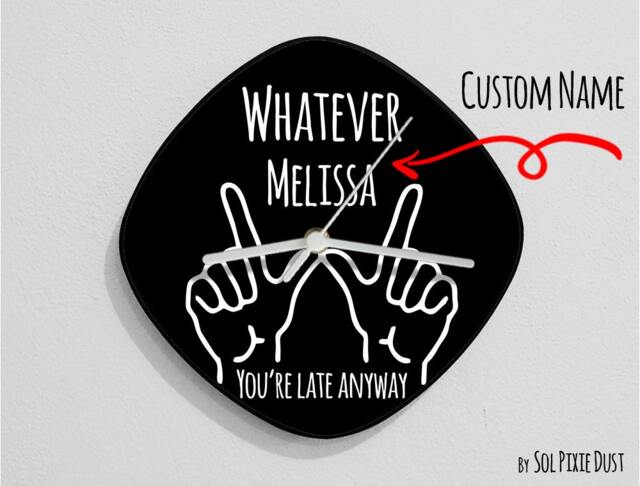 Custom Name Whatever, You're Late Anyway Hand Symbol/Oval Black - Wall Clock - image 1
