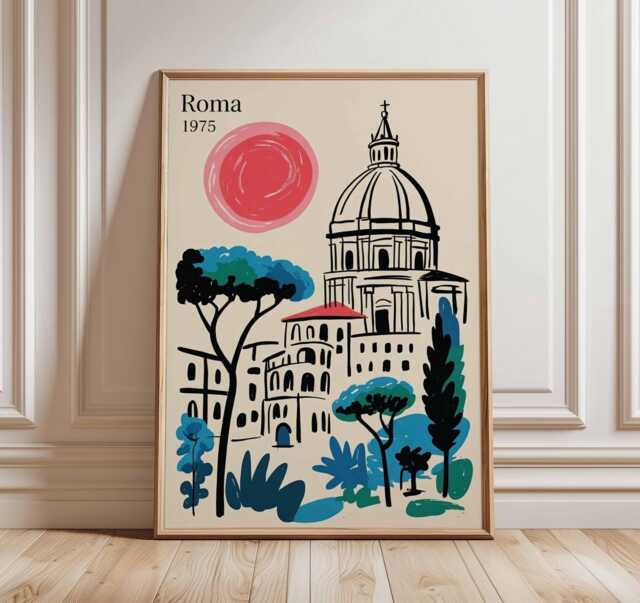 Rome Travel Poster, Vintage Italian Wall Art, Retro Roma Print, Mediterranean Architecture Illustration, 70S Style City Artwork - image 1