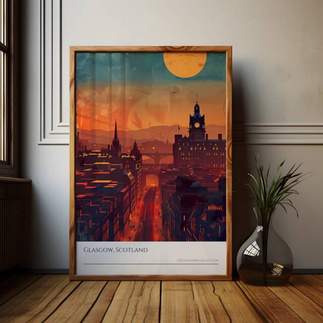 Glasgow Scotland Sunset Poster Cityscape Travel Art - image 1