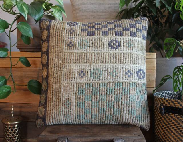 50cm - 20Inch Vintage Kilim Cushion Cover Handwoven - Full Brocaded Weave Beiges Aqua Blue Accents - image 1