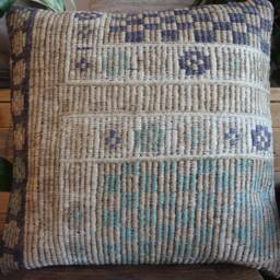 50cm - 20Inch Vintage Kilim Cushion Cover Handwoven - Full Brocaded Weave Beiges Aqua Blue Accents - thumbnail 2