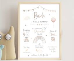 New Baby Personalised Print - Birth Details Gift Keepsake Newborn Neutral Nursery - thumbnail 1