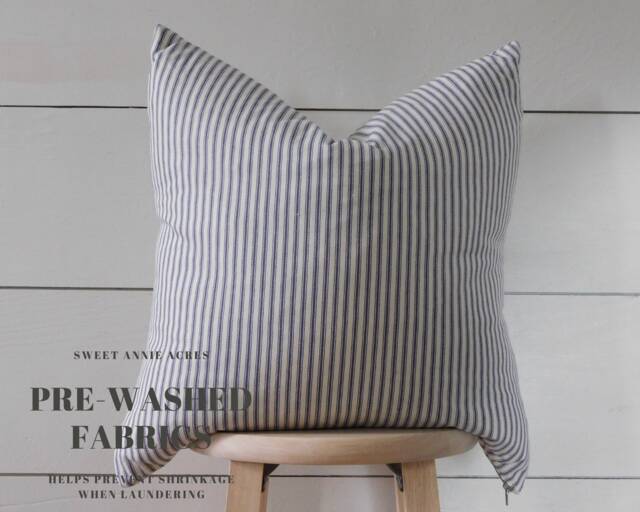 Blue Ticking Stripe Pillow Cover - Farmhouse Cream Fabric Woven Cover - Choose Your Size - image 1