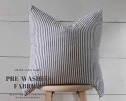 Blue Ticking Stripe Pillow Cover - Farmhouse Cream Fabric Woven Cover - Choose Your Size - thumbnail 1