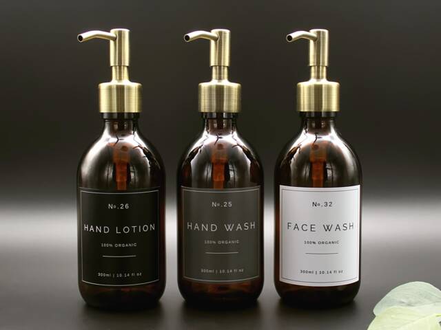 Amber Glass Soap Dispenser Bottle With Brass Pump & Choice Of Waterproof Label - image 1