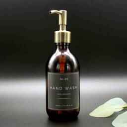 Amber Glass Soap Dispenser Bottle With Brass Pump & Choice Of Waterproof Label - thumbnail 3