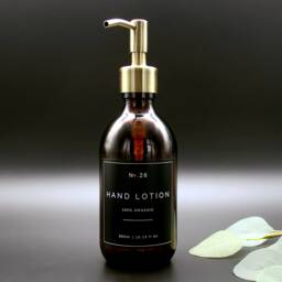 Amber Glass Soap Dispenser Bottle With Brass Pump & Choice Of Waterproof Label - thumbnail 2