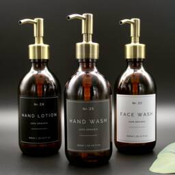 Amber Glass Soap Dispenser Bottle With Brass Pump & Choice Of Waterproof Label - thumbnail 4