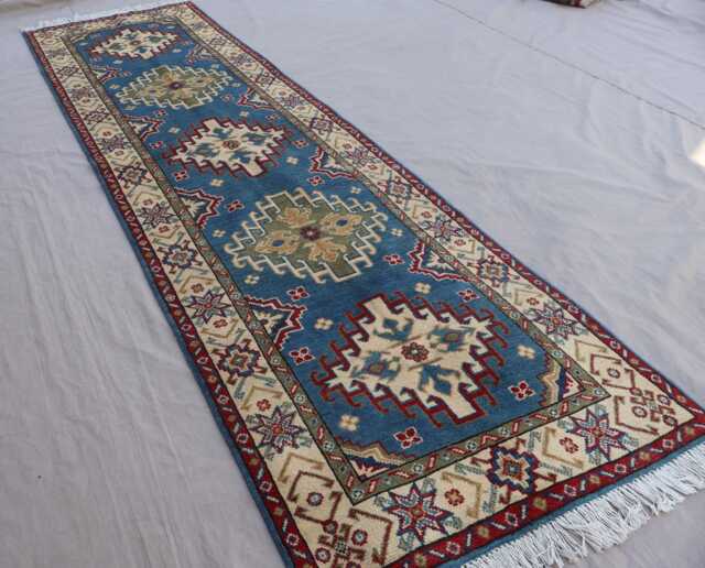 10 Ft Runner Rug, Blue Kazak Afghan Oriental Handmade Wool Natural Dyes Tribal Long Hallway Runner, Kitchen Rug - image 1
