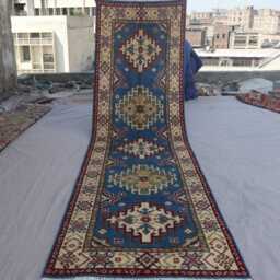 10 Ft Runner Rug, Blue Kazak Afghan Oriental Handmade Wool Natural Dyes Tribal Long Hallway Runner, Kitchen Rug - thumbnail 4