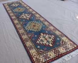 10 Ft Runner Rug, Blue Kazak Afghan Oriental Handmade Wool Natural Dyes Tribal Long Hallway Runner, Kitchen Rug - thumbnail 1
