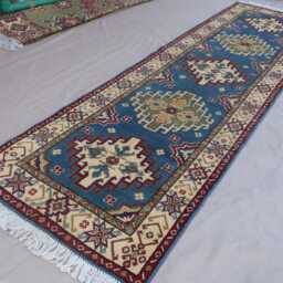 10 Ft Runner Rug, Blue Kazak Afghan Oriental Handmade Wool Natural Dyes Tribal Long Hallway Runner, Kitchen Rug - thumbnail 3