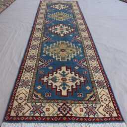 10 Ft Runner Rug, Blue Kazak Afghan Oriental Handmade Wool Natural Dyes Tribal Long Hallway Runner, Kitchen Rug - thumbnail 2