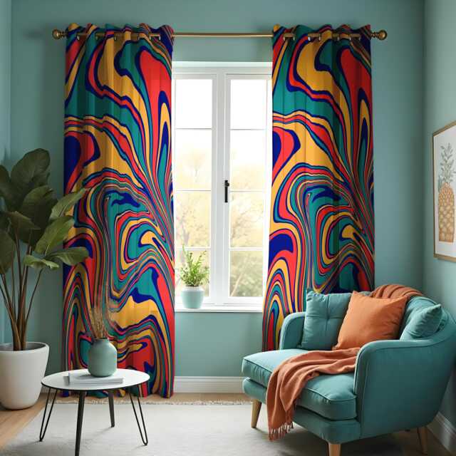 Vibrant Abstract Swirl Curtains, Colorful Retro Design Drapes, Bold Geometric Window Treatments, Funky Modern Curtain Panels - image 1