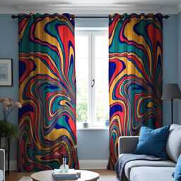 Vibrant Abstract Swirl Curtains, Colorful Retro Design Drapes, Bold Geometric Window Treatments, Funky Modern Curtain Panels - thumbnail 2