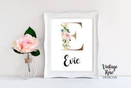 Girls Wall Print, Nursery Decor, Bedroom Personalised Initial Name Art, Watercolour Flowers, Gold Print - thumbnail 1