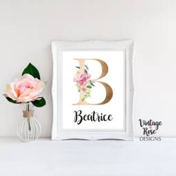 Girls Wall Print, Nursery Decor, Bedroom Personalised Initial Name Art, Watercolour Flowers, Gold Print - thumbnail 2