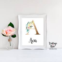 Girls Wall Print, Nursery Decor, Bedroom Personalised Initial Name Art, Watercolour Flowers, Gold Print - thumbnail 3