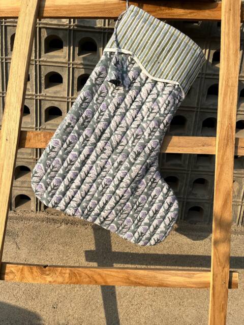 Handmade Quilted Christmas Stocking Green Floral Block Print Cotton Xmas Decor - image 1