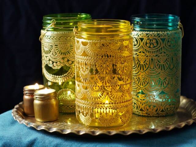 Henna Mason Jar Lanterns, Moroccan Decor, Votive Candle Holder - Set Of 3 - image 1