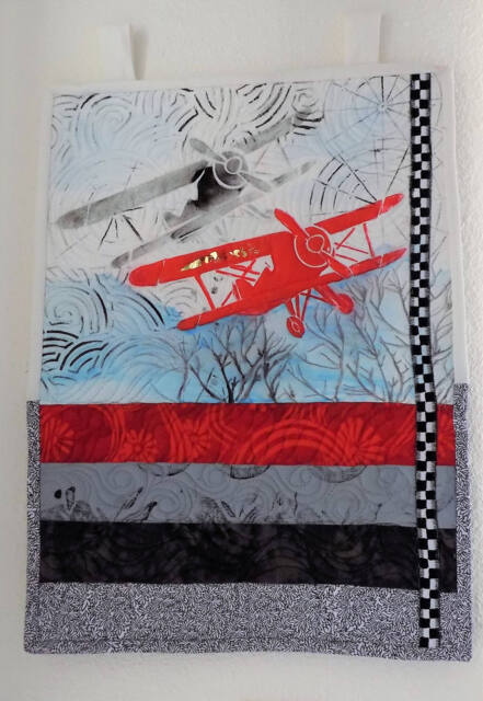 Bi Plane Wall Hanging Fabric Art Quilt One-Of-A-Kind Design Gift For Pilot - image 1