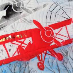 Bi Plane Wall Hanging Fabric Art Quilt One-Of-A-Kind Design Gift For Pilot - thumbnail 3
