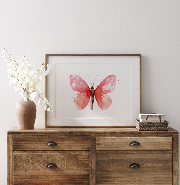 Watercolor Butterfly Art Print, Pink Wall Decor - image 1
