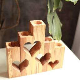 Wooden Set Of 5 Candlesticks Wood Rustic Decor Beech Pillar Candle Holder Heart Home Decorative Valentine's Gift - thumbnail 3