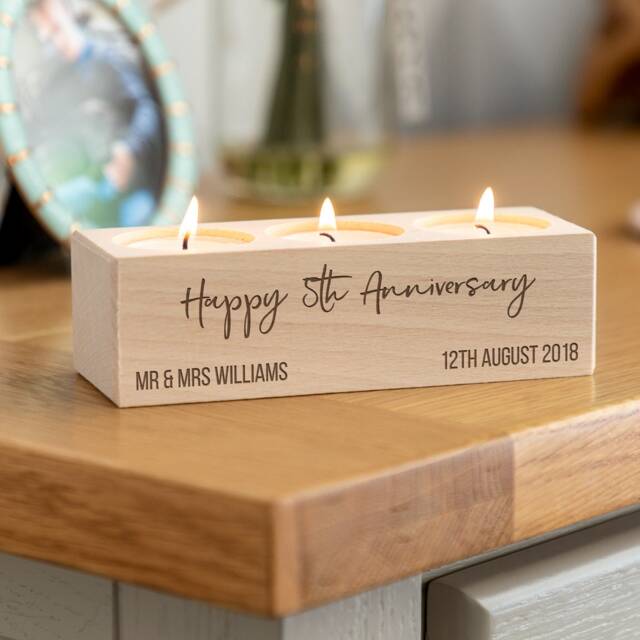 5Th Anniversary Gift Wood Candle Holder - Personalised Tea Light For Couple Wife Husband Lc887 - image 1