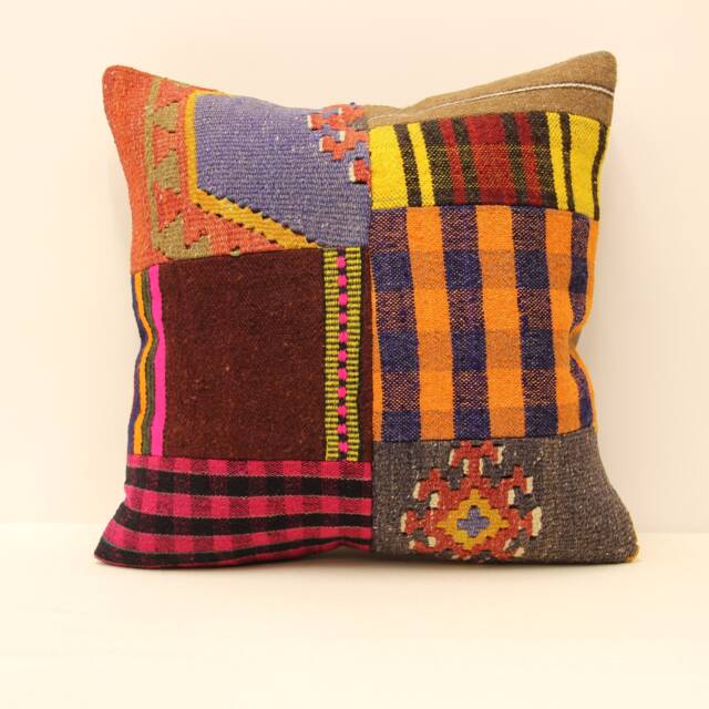Handmade Vintage Patchwork Kilim Pillow Cover, Boho Turkish - 18x18 - image 1