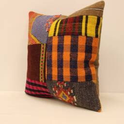 Handmade Vintage Patchwork Kilim Pillow Cover, Boho Turkish - 18x18 - thumbnail 3