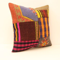 Handmade Vintage Patchwork Kilim Pillow Cover, Boho Turkish - 18x18 - thumbnail 2