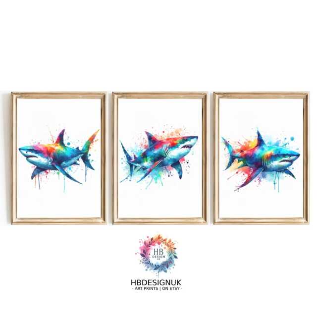 Colourful Shark Print Set Of 3 - Vibrant Watercolour Sea Life Wall Art Ocean Animal Decor Gift For Kids Or Lovers - image 1