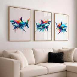 Colourful Shark Print Set Of 3 - Vibrant Watercolour Sea Life Wall Art Ocean Animal Decor Gift For Kids Or Lovers - thumbnail 2