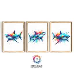Colourful Shark Print Set Of 3 - Vibrant Watercolour Sea Life Wall Art Ocean Animal Decor Gift For Kids Or Lovers - thumbnail 1