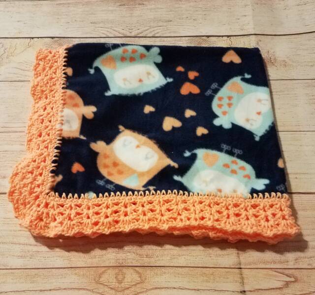 Baby Fleece Blanket, Crochet Edging, Owls, Shower, Newborn - image 1
