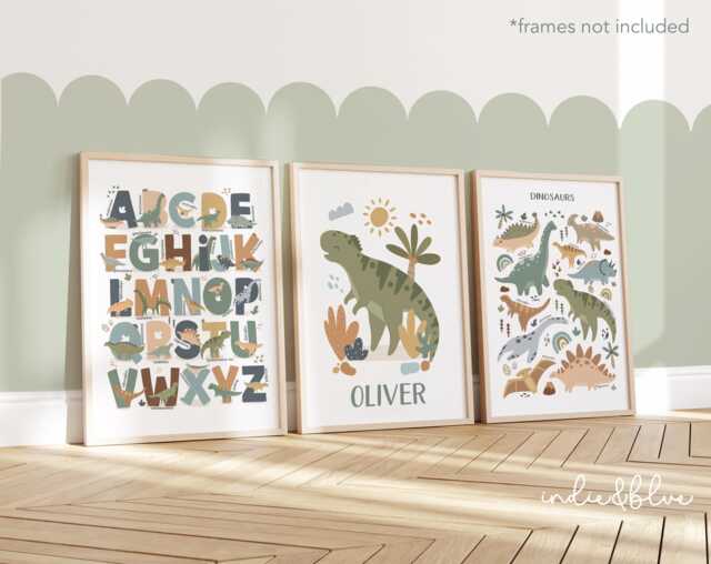 Set Of 3 Personalised Dinosaur Posters, T-Rex Poster, Alphabet Print, Chart Dino Bedroom Decor - image 1