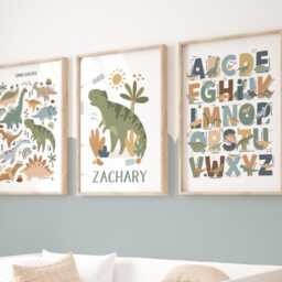 Set Of 3 Personalised Dinosaur Posters, T-Rex Poster, Alphabet Print, Chart Dino Bedroom Decor - thumbnail 2
