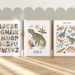 Set Of 3 Personalised Dinosaur Posters, T-Rex Poster, Alphabet Print, Chart Dino Bedroom Decor - thumbnail 3